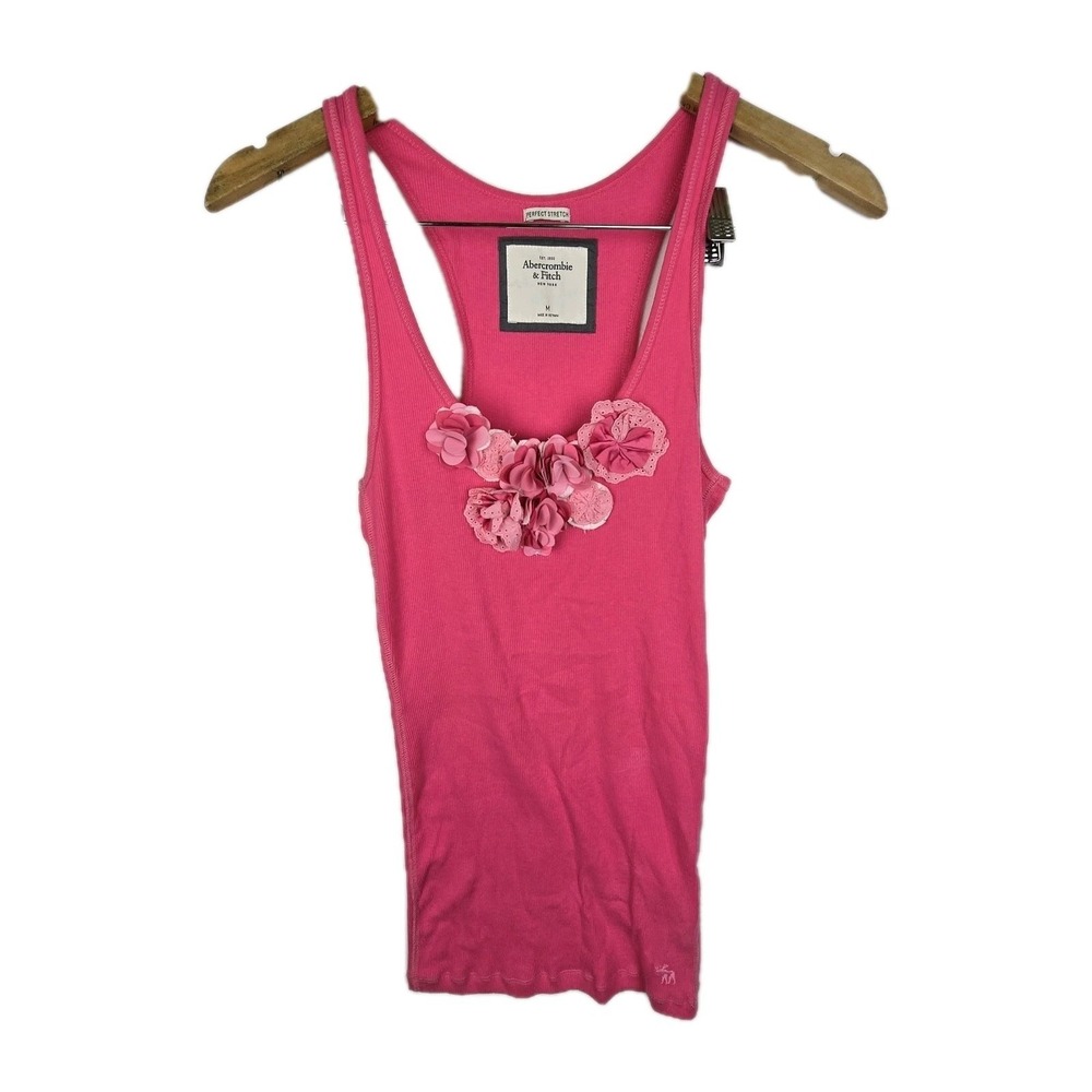 Abercrombie & Fitch Y2K Pink Floral Applique longer Tank Top sz M Stretch
